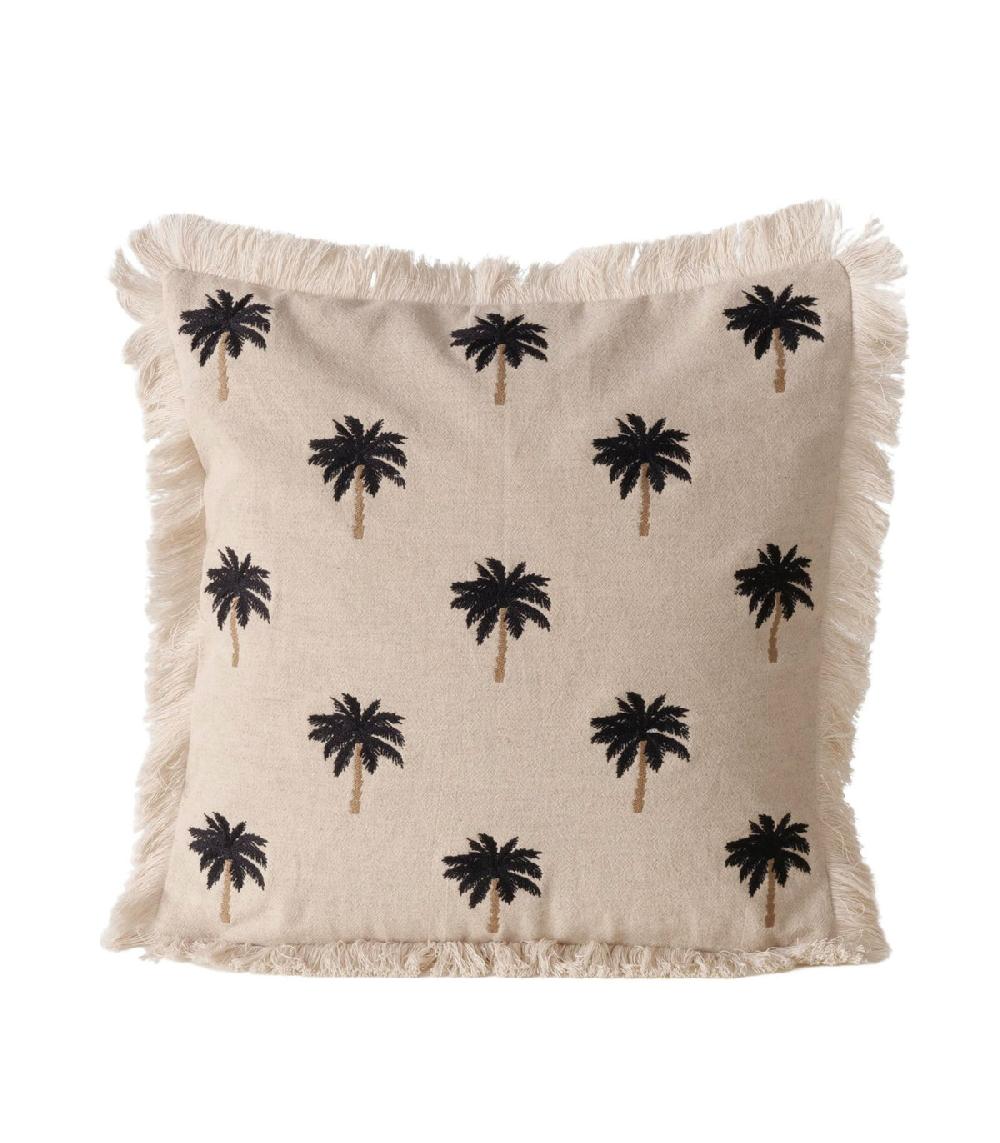 wadiga Coussin carré en lin avec frange palmiers 43x43cm