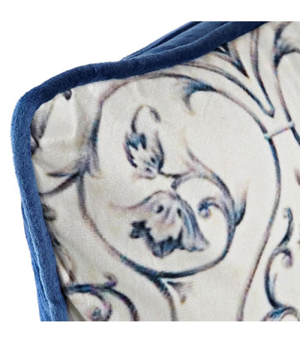 Wadiga Coussin Carré Velours Beige Et Bleu Floral 45x45x10cm