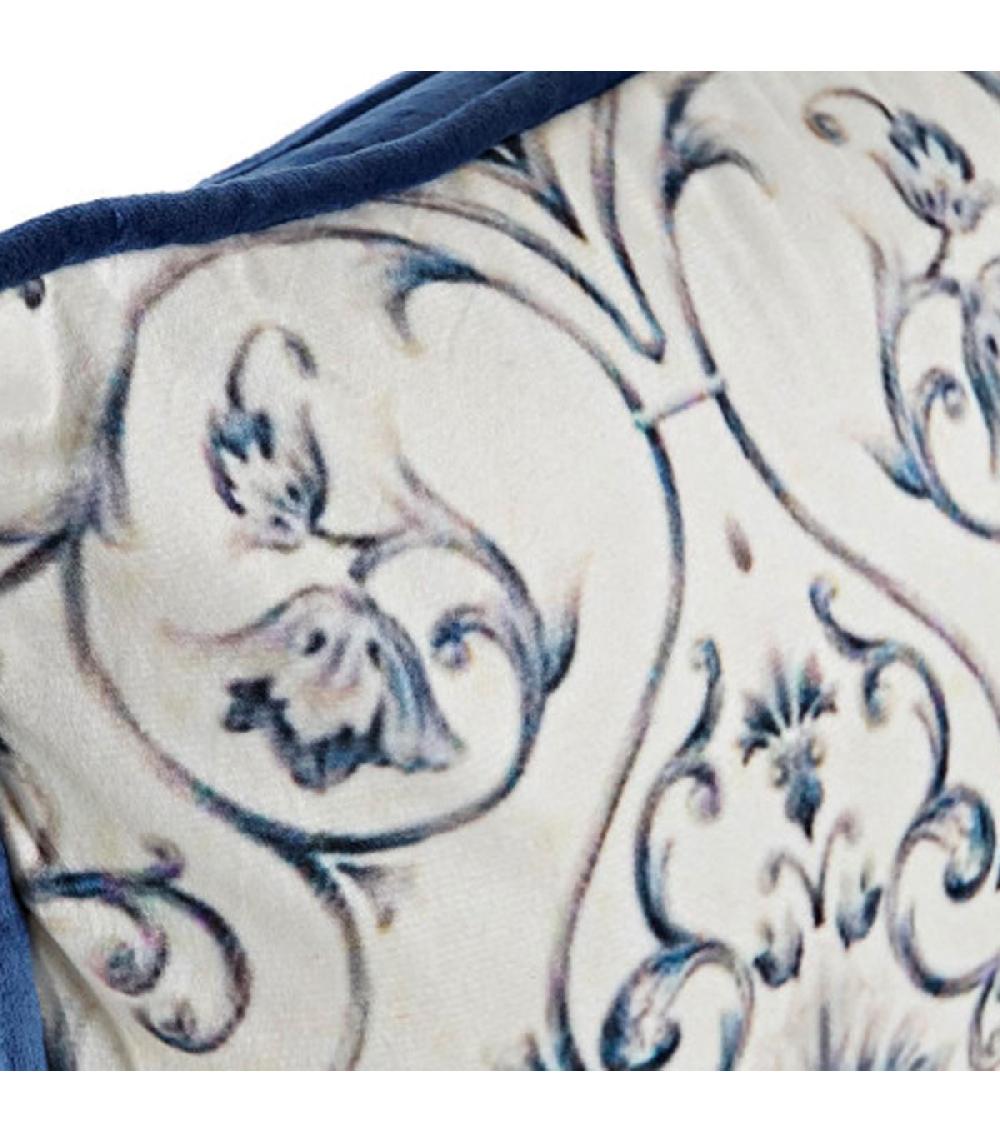 Wadiga Coussin Rectangulaire Velours Beige Et Bleu Floral 50x10x30cm