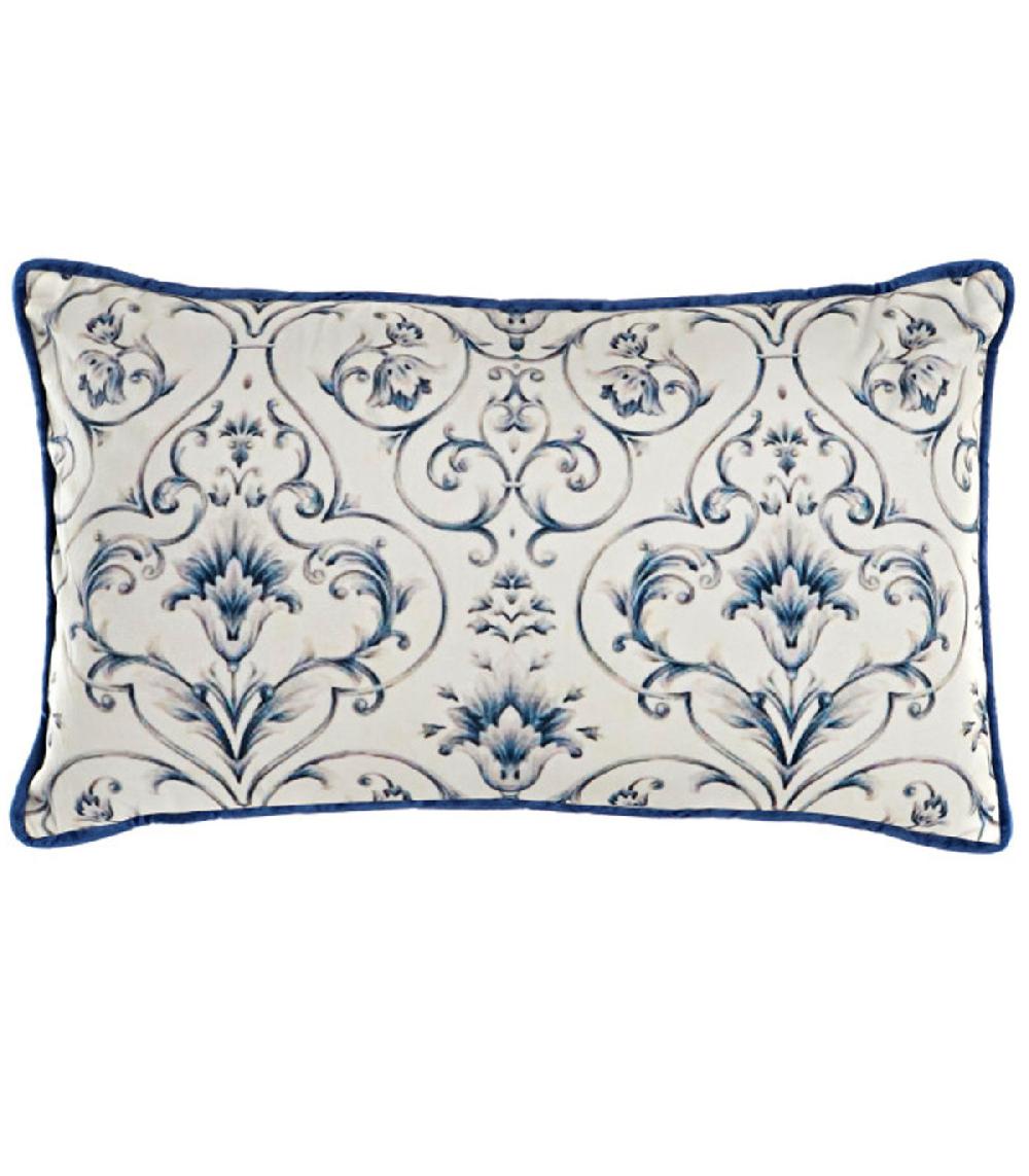 wadiga Coussin rectangulaire velours beige et bleu floral 50x10x30cm