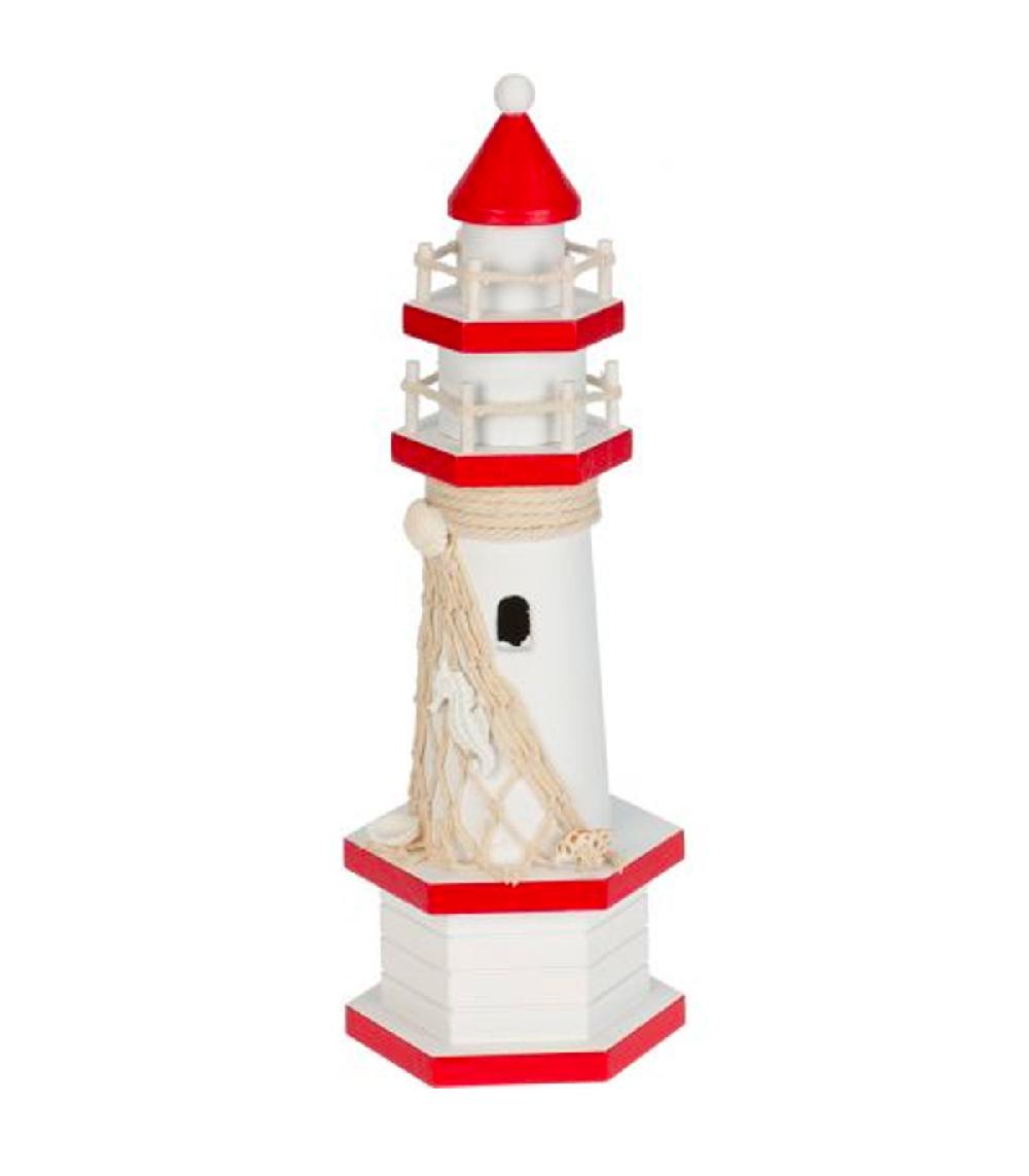 wadiga Décoration phare en bois rouge et blanc 9x9x28cm