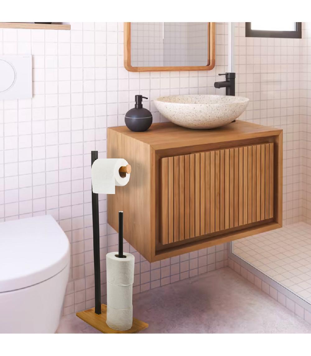Wadiga Dérouleur Papier Toilette Bambou Et Noir 22x16x66.5cm