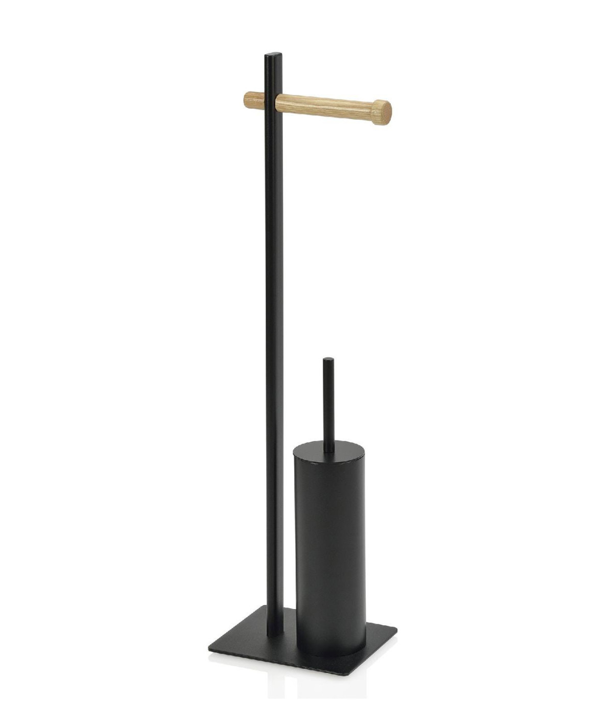 wadiga Dérouleur Papier Toilette + Brosse WC en Métal Noir Mat et Bois
