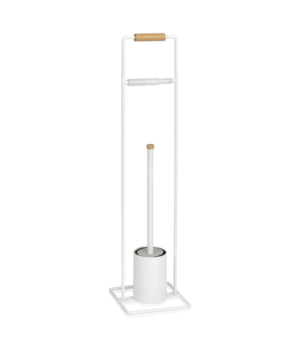 wadiga Dérouleur Papier Toilette + Brosse WC Métal Blanc et Bois
