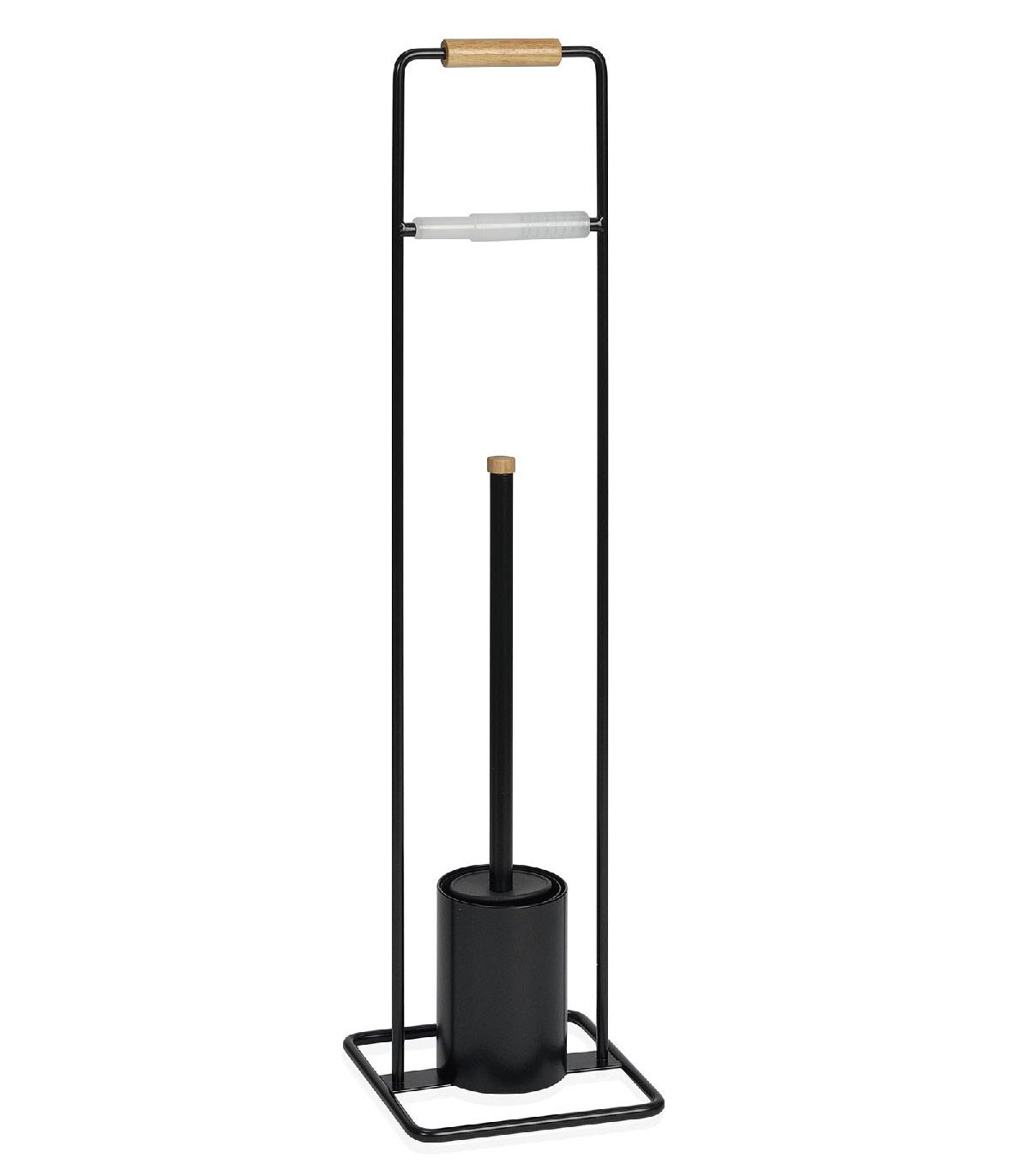 Wadiga Dérouleur Papier Toilette + Brosse WC Métal Noir Et Bois