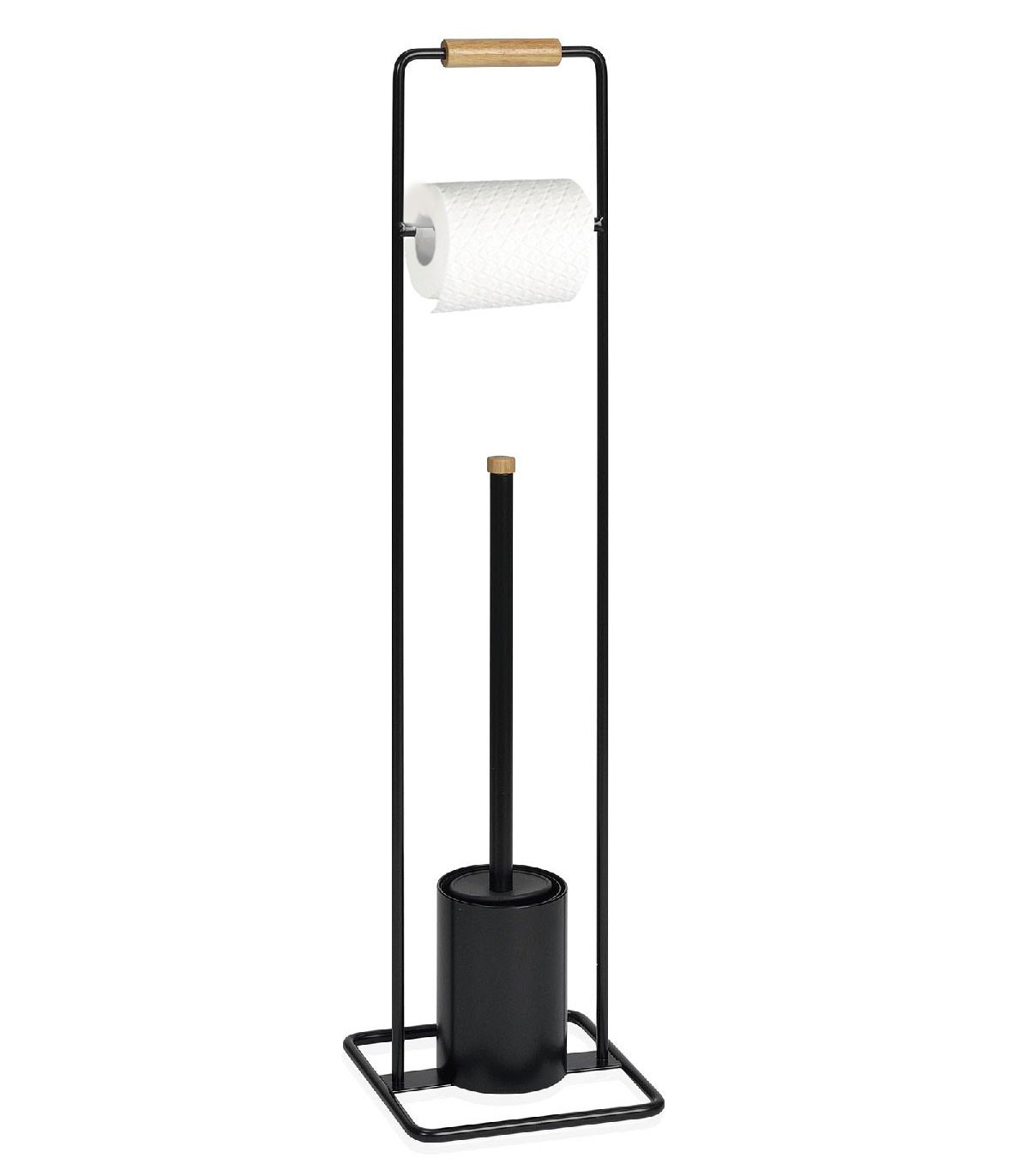 wadiga Dérouleur Papier Toilette + Brosse WC Métal Noir et Bois