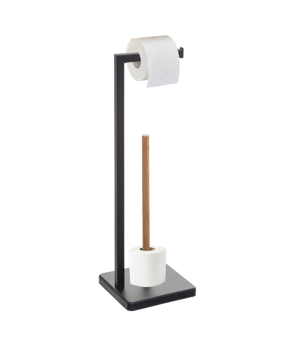 Wadiga Dérouleur Papier WC Avec Réserve Métal Noir Et Bambou 20x20x64.5cm