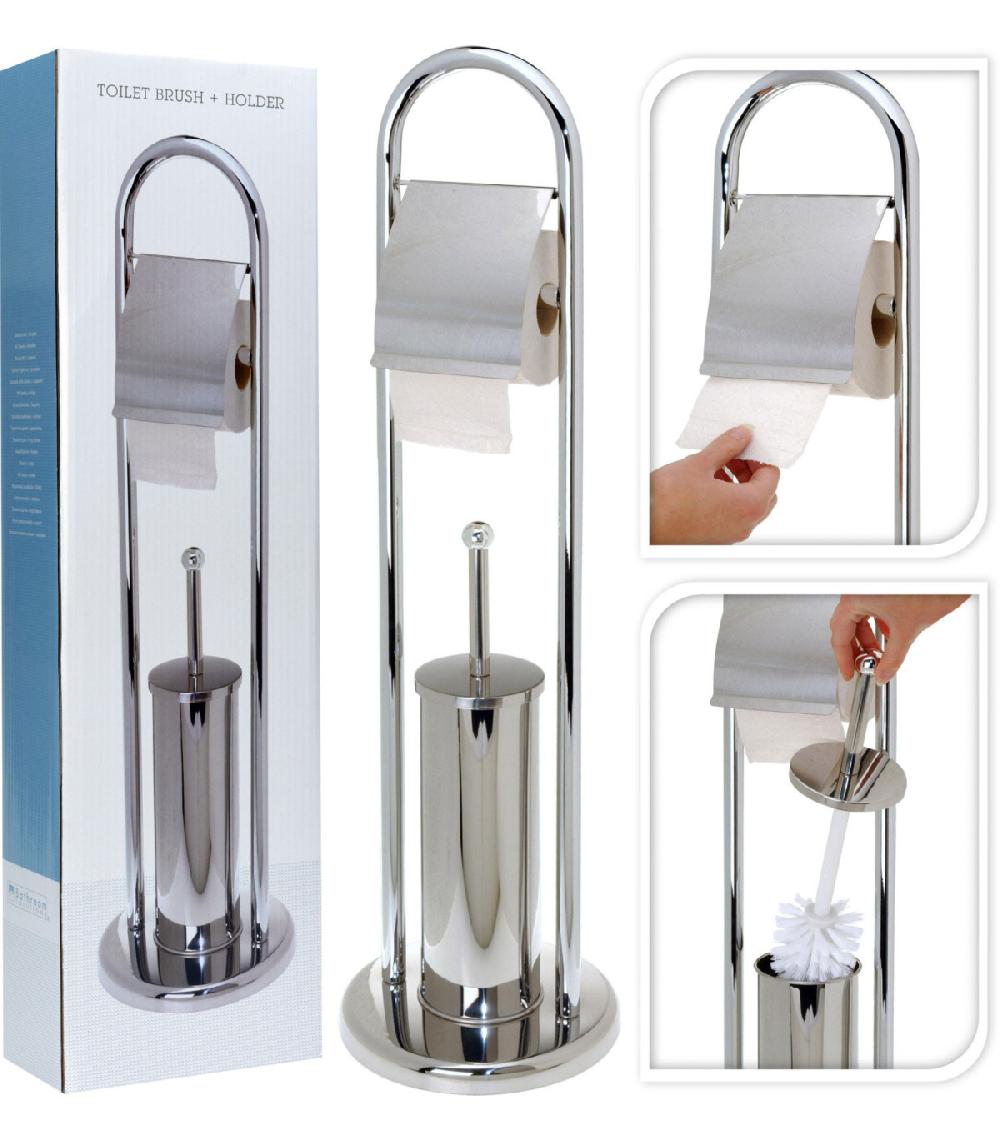 Wadiga Dérouleur Papier WC + Brosse WC Sur Pied Métal Chromé
