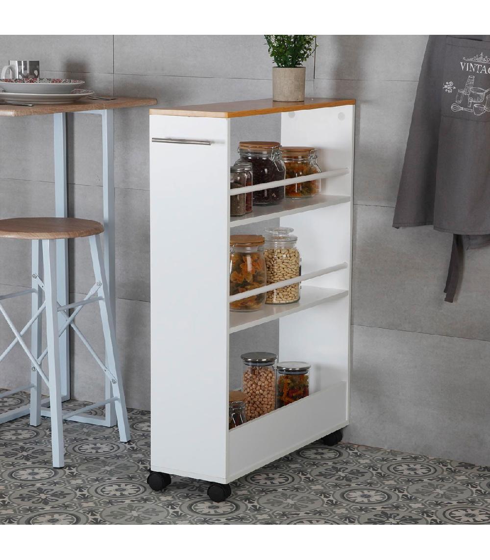 Wadiga Desserte De Cuisine Sur Roulettes Blanc Et Bois 60x20x87.5cm