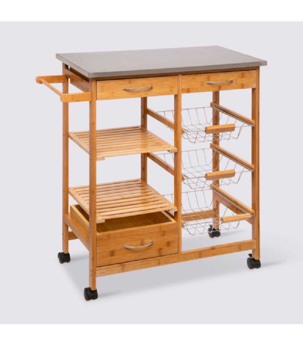 Wadiga Desserte De Cuisine Sur Roulettes En Bambou Et Inox - 76x37x86cm