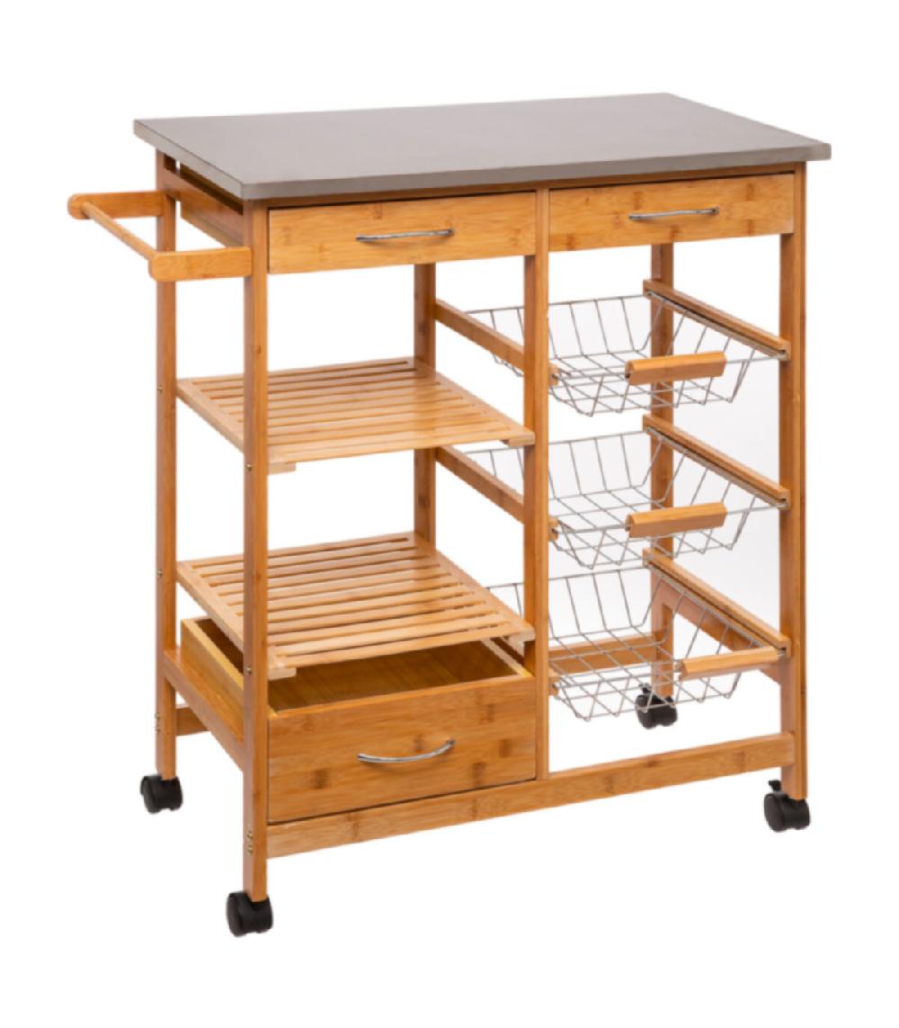 wadiga Desserte de cuisine sur roulettes en bambou et inox - 76x37x86cm