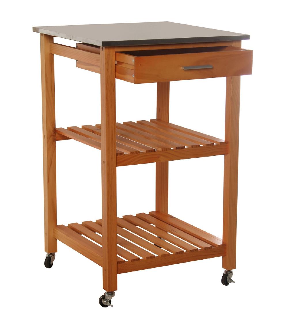 Wadiga Desserte De Cuisine Sur Roulettes En Bois Plateau Inox 1 Tiroir + 2 Étagères