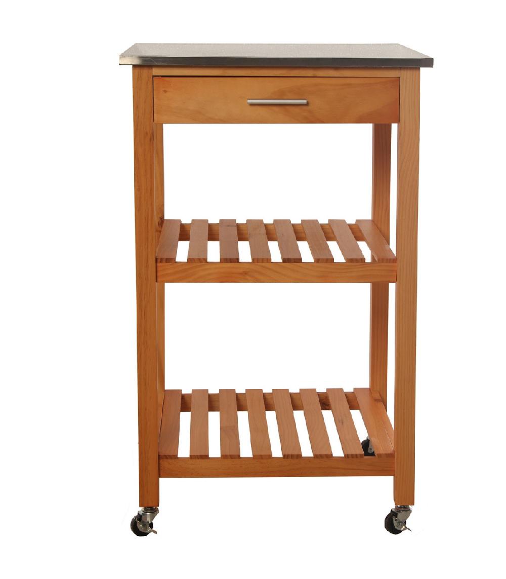 Wadiga Desserte De Cuisine Sur Roulettes En Bois Plateau Inox 1 Tiroir + 2 Étagères
