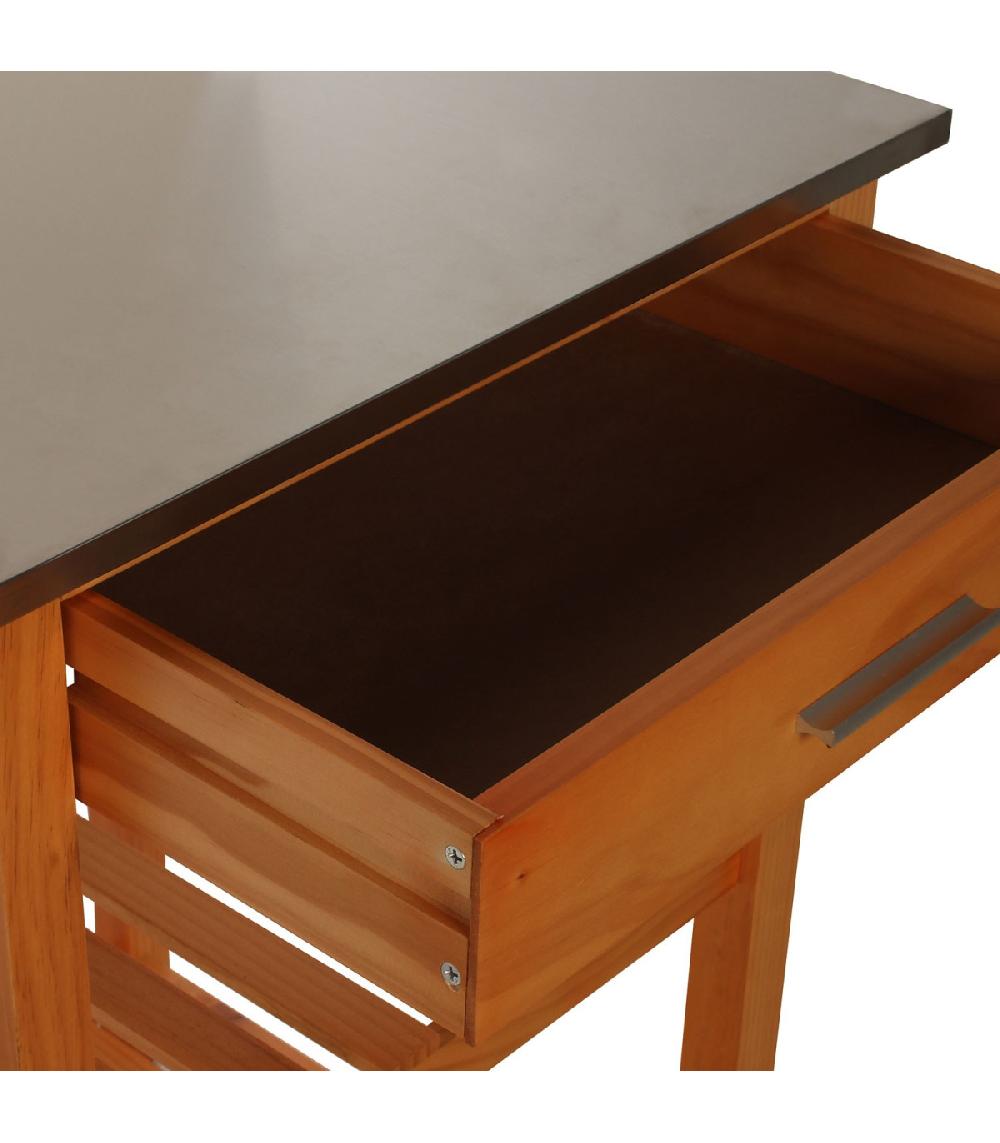 Wadiga Desserte De Cuisine Sur Roulettes En Bois Plateau Inox 1 Tiroir + 2 Étagères