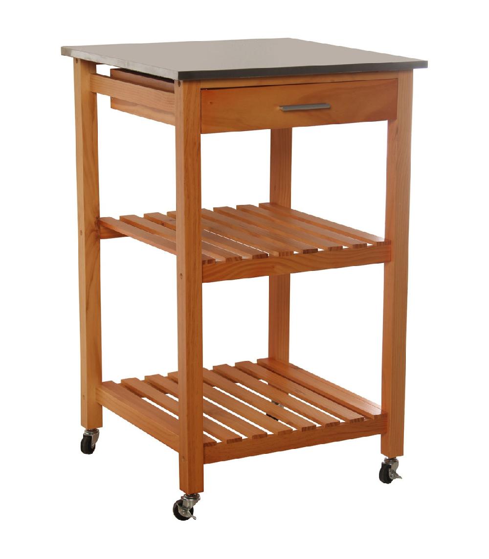 wadiga Desserte de Cuisine sur Roulettes en Bois Plateau Inox 1 Tiroir + 2 Étagères