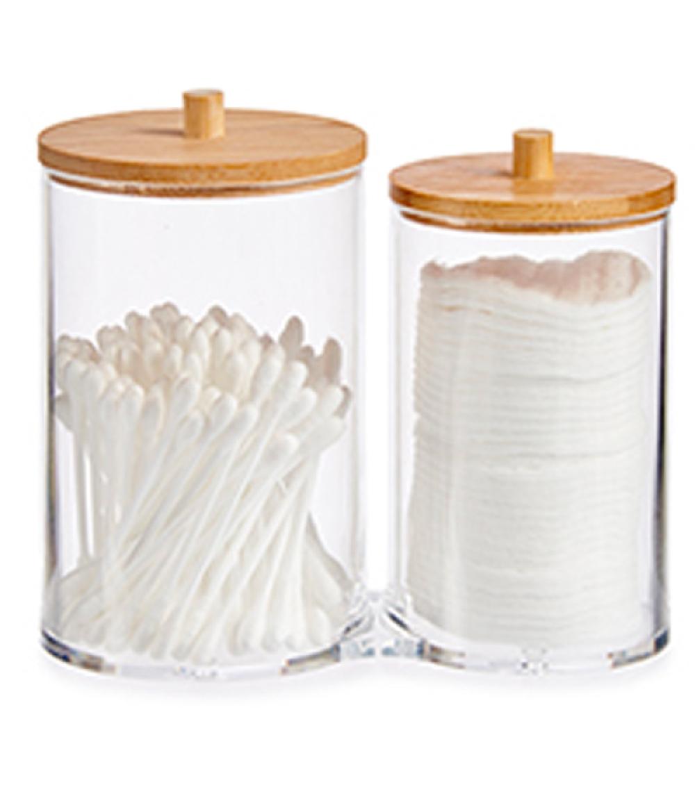 Wadiga Distributeur Coton-tiges Et Coton Transparent Et Bambou 15x8x13.5cm