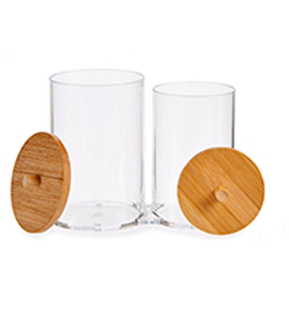 Wadiga Distributeur Coton-tiges Et Coton Transparent Et Bambou 15x8x13.5cm