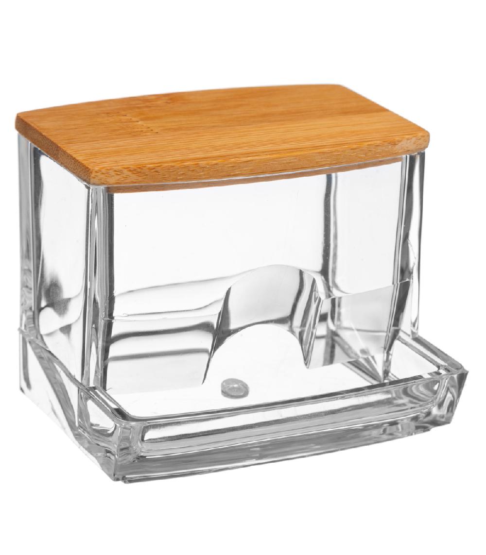wadiga Distributeur coton-tiges transparent et bambou - 9.3x8x7.4cm