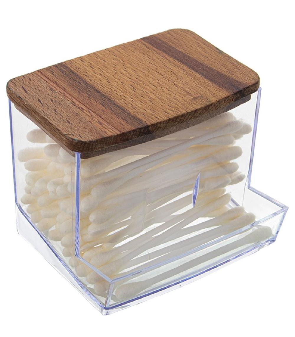Wadiga Distributeur Coton-tiges Transparent Et Bois 11x6x9cm