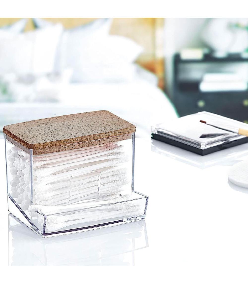 Wadiga Distributeur Coton-tiges Transparent Et Bois 11x6x9cm