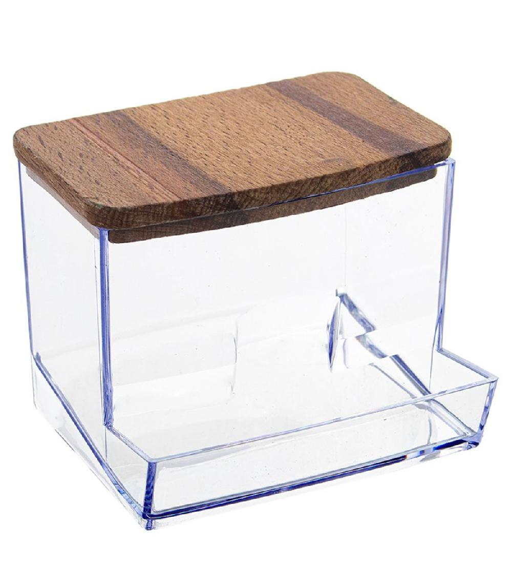 wadiga Distributeur coton-tiges transparent et bois 11x6x9cm