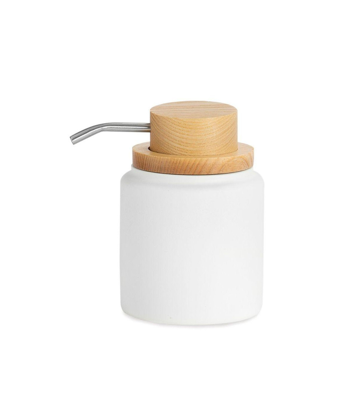 wadiga Distributeur de savon blanc polyrésine et bois de frêne - 9x9x13cm