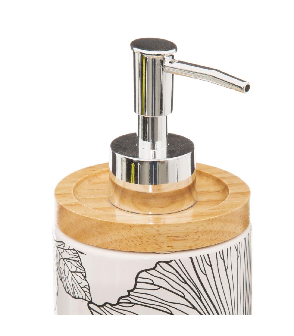 Wadiga Distributeur De Savon Céramique Et Bois Motif Floral 7.7x7.7x18.5cm