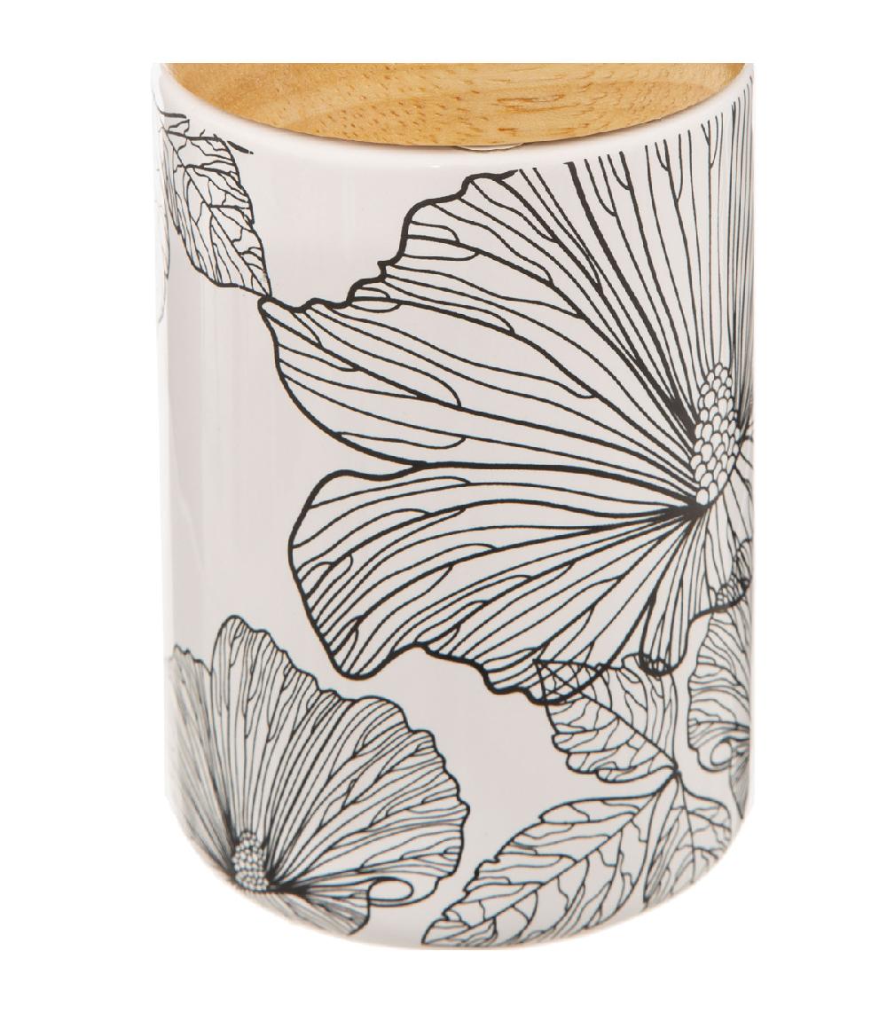 Wadiga Distributeur De Savon Céramique Et Bois Motif Floral 7.7x7.7x18.5cm