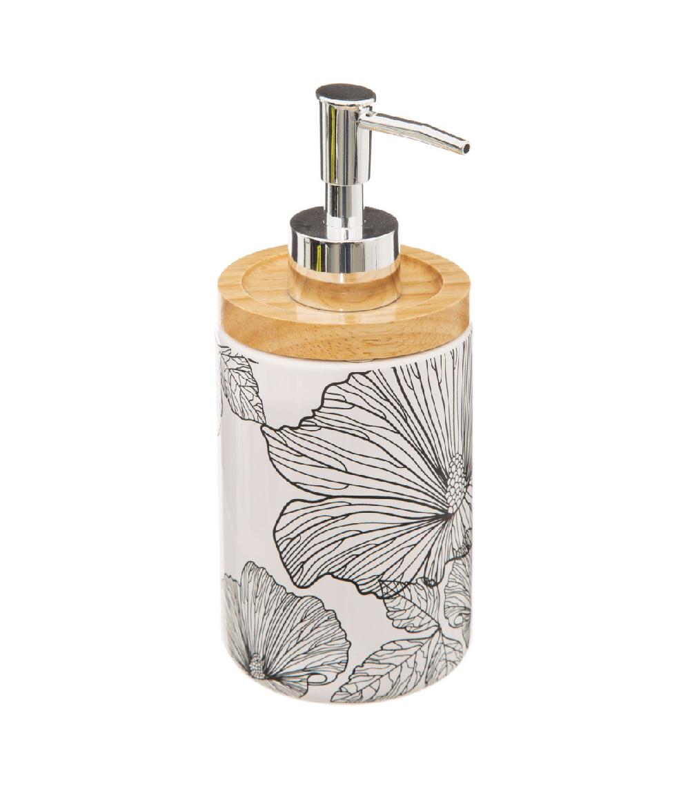 wadiga Distributeur de savon céramique et bois motif floral 7.7x7.7x18.5cm
