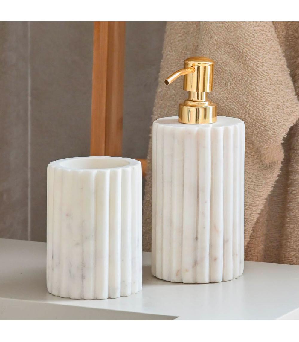 Wadiga Distributeur De Savon En Marbre Blanc Et Métal Doré 8x8x20cm