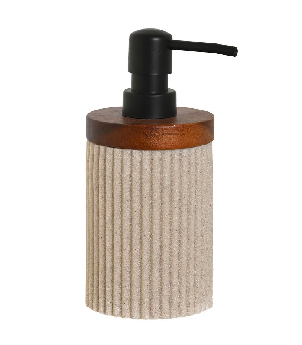 wadiga Distributeur de savon en résine beige et bois d'acacia 10x8x17.5cm