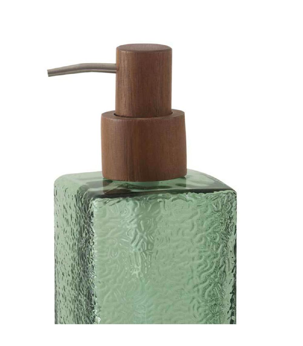 Wadiga Distributeur De Savon En Verre Martelé Vert Et Bois 7.5x7.5x18.5cm
