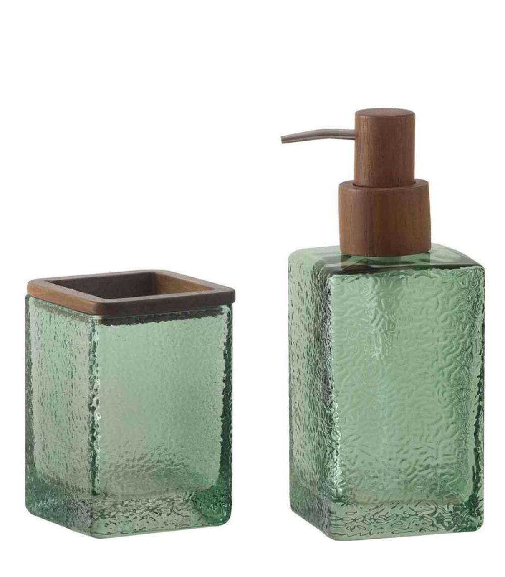 Wadiga Distributeur De Savon En Verre Martelé Vert Et Bois 7.5x7.5x18.5cm