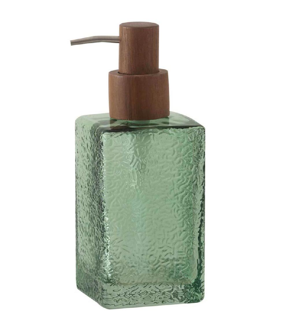 wadiga Distributeur de savon en verre martelé vert et bois 7.5x7.5x18.5cm