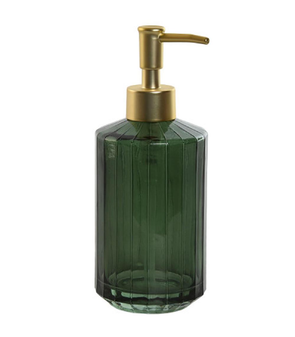 wadiga Distributeur de savon en verre vert et poussoir doré 8x8x19.5cm