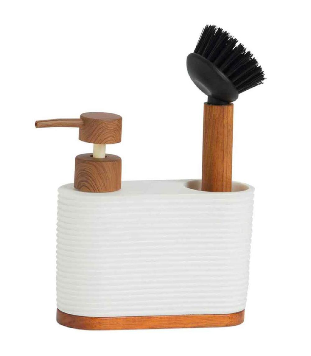 wadiga Distributeur liquide vaisselle + brosse polypropylène blanc et acacia