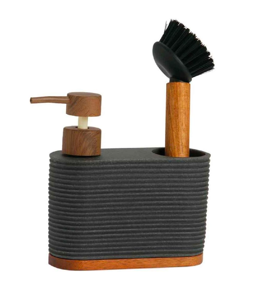 wadiga Distributeur liquide vaisselle + brosse polypropylène gris et acacia