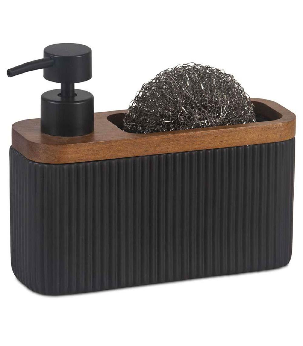 wadiga Distributeur liquide vaisselle et porte éponge résine noir et acacia