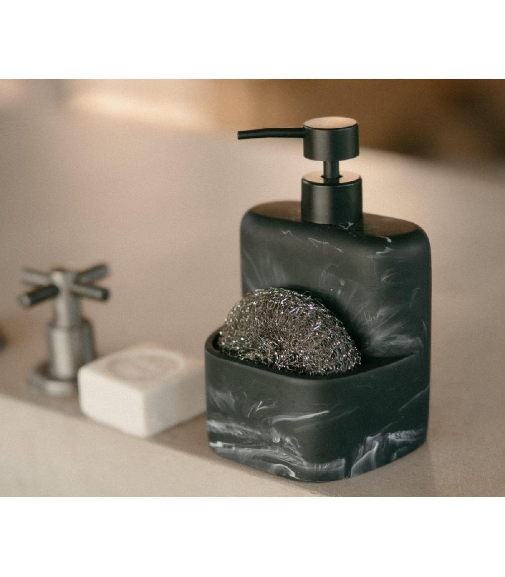 Wadiga Distributeur Liquide Vaisselle + Porte Éponge Polyrésine Effet Marbre Noir