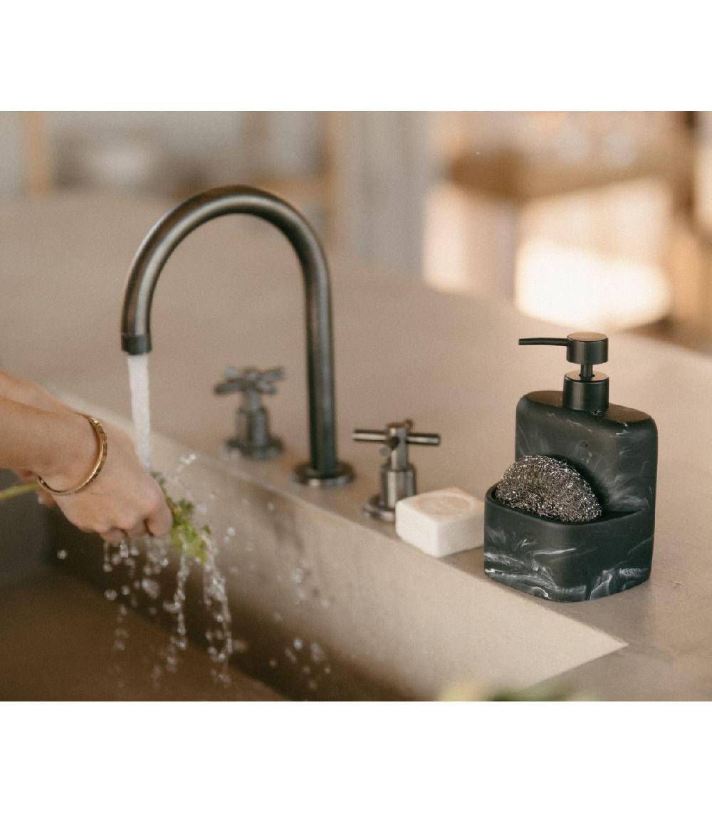 Wadiga Distributeur Liquide Vaisselle + Porte Éponge Polyrésine Effet Marbre Noir