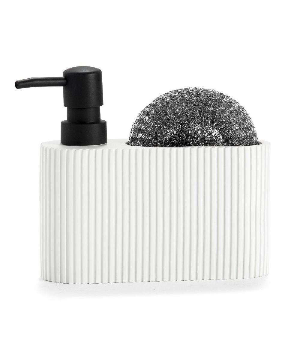 wadiga Distributeur liquide vaisselle + porte éponge polyrésine blanc et noir - 16.5x5.5x15cm
