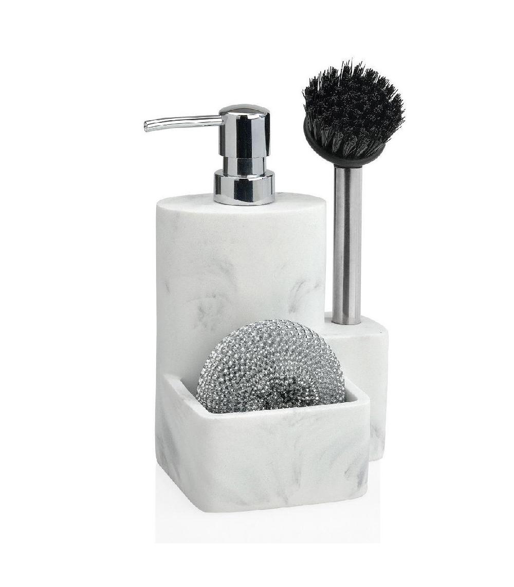 wadiga Distributeur Liquide Vaisselle Porte Éponge Résine Effet Marbre Blanc