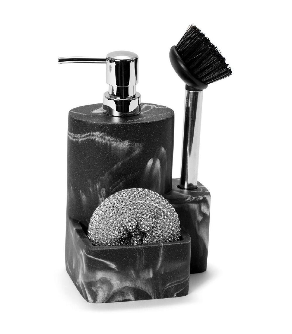 wadiga Distributeur Liquide Vaisselle Porte Éponge Résine Effet Marbre Noir