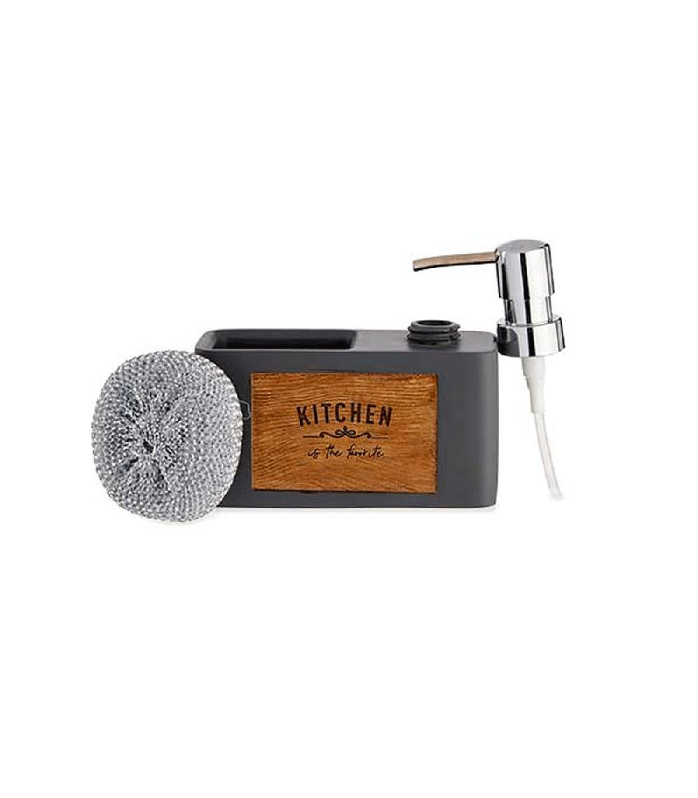Wadiga Distributeur Liquide Vaisselle + Porte éponges Gris Et Bois - 11.5x11x19cm
