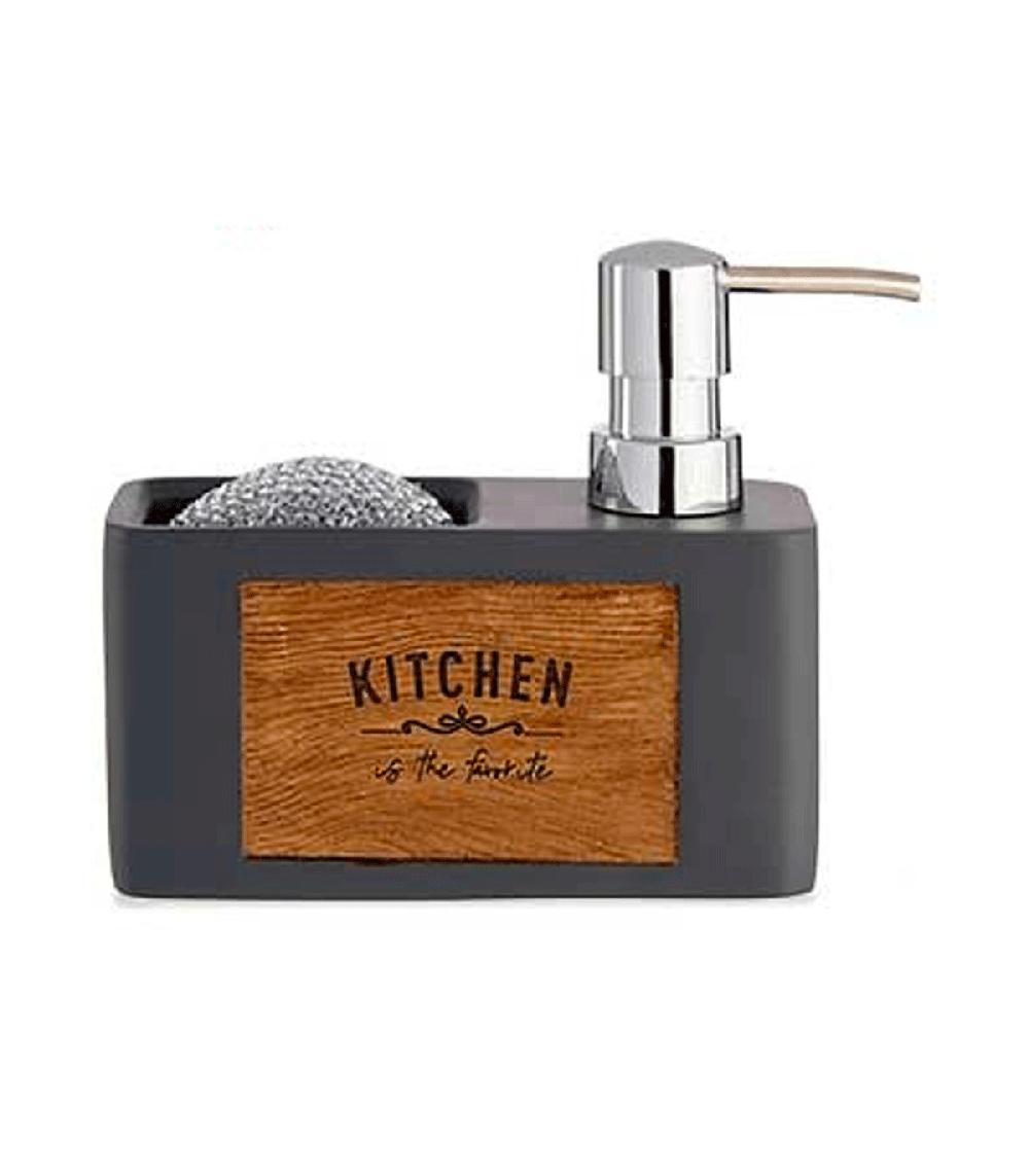 Wadiga Distributeur Liquide Vaisselle + Porte éponges Gris Et Bois - 11.5x11x19cm