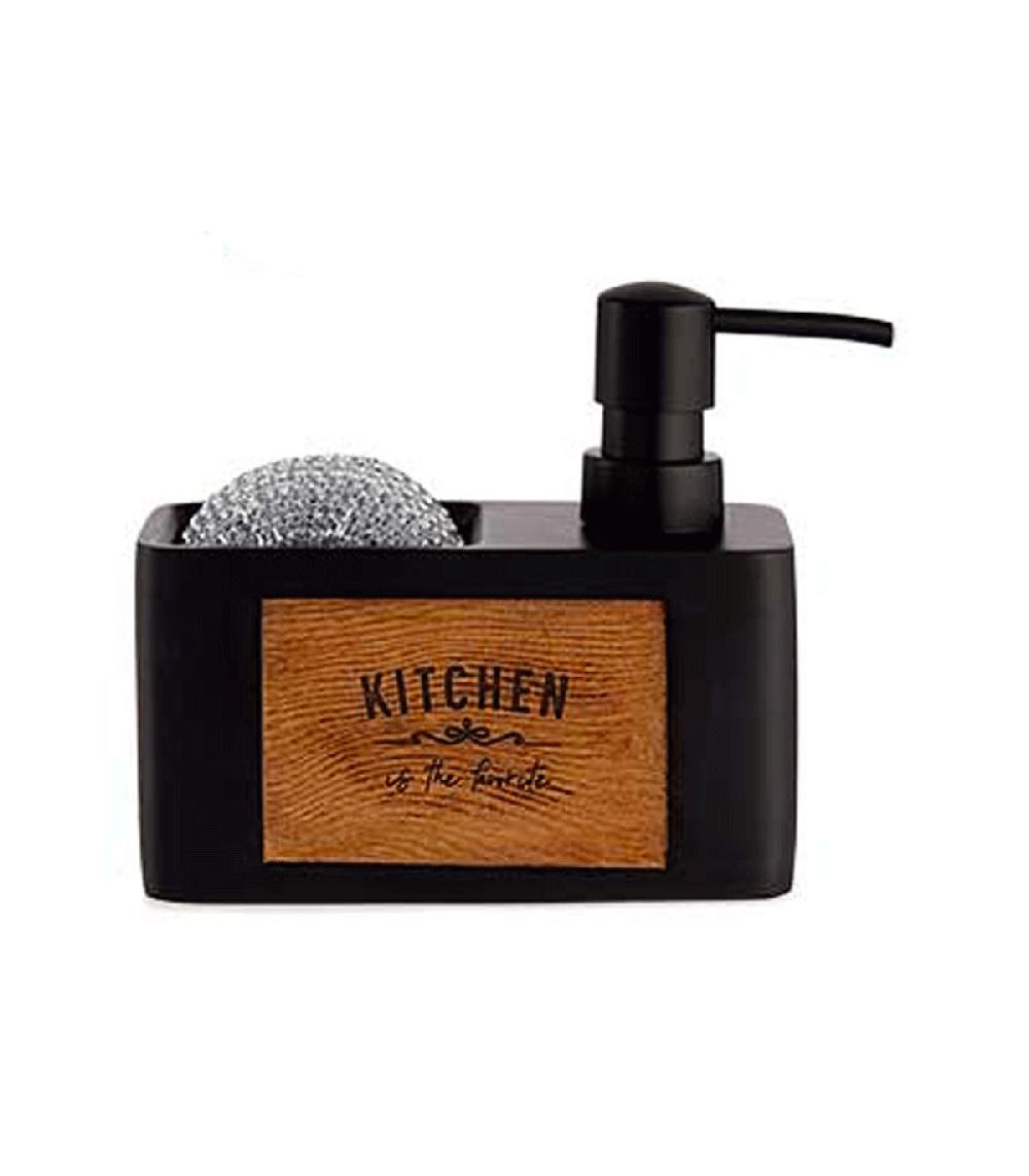 Wadiga Distributeur Liquide Vaisselle + Porte éponges Noir Et Bois - 11.5x11x19cm