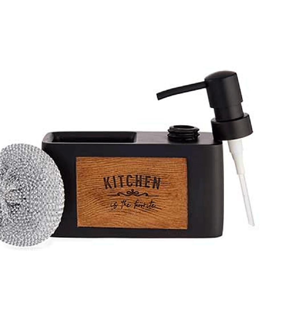 Wadiga Distributeur Liquide Vaisselle + Porte éponges Noir Et Bois - 11.5x11x19cm