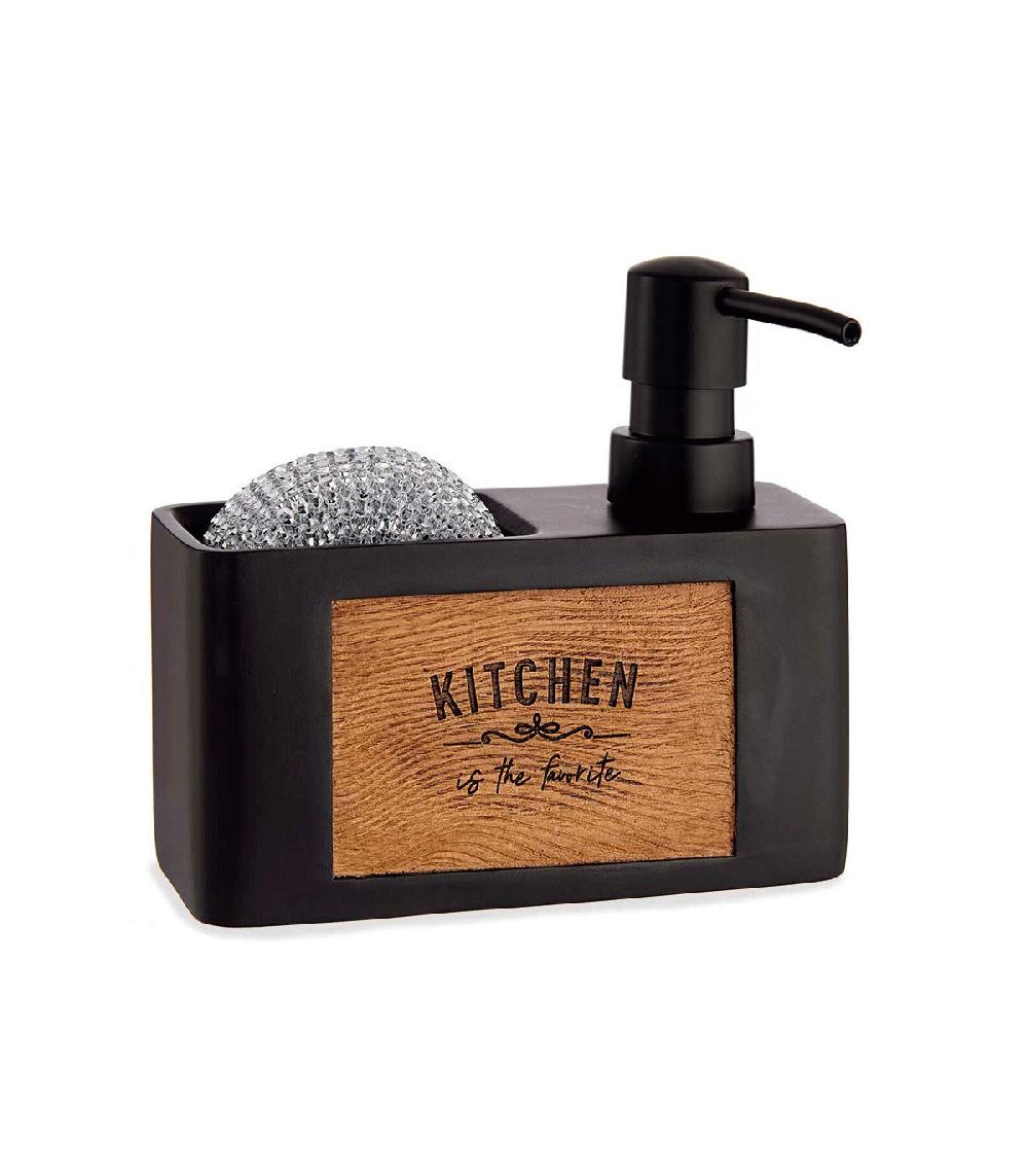 wadiga Distributeur liquide vaisselle + porte éponges noir et bois - 11.5x11x19cm