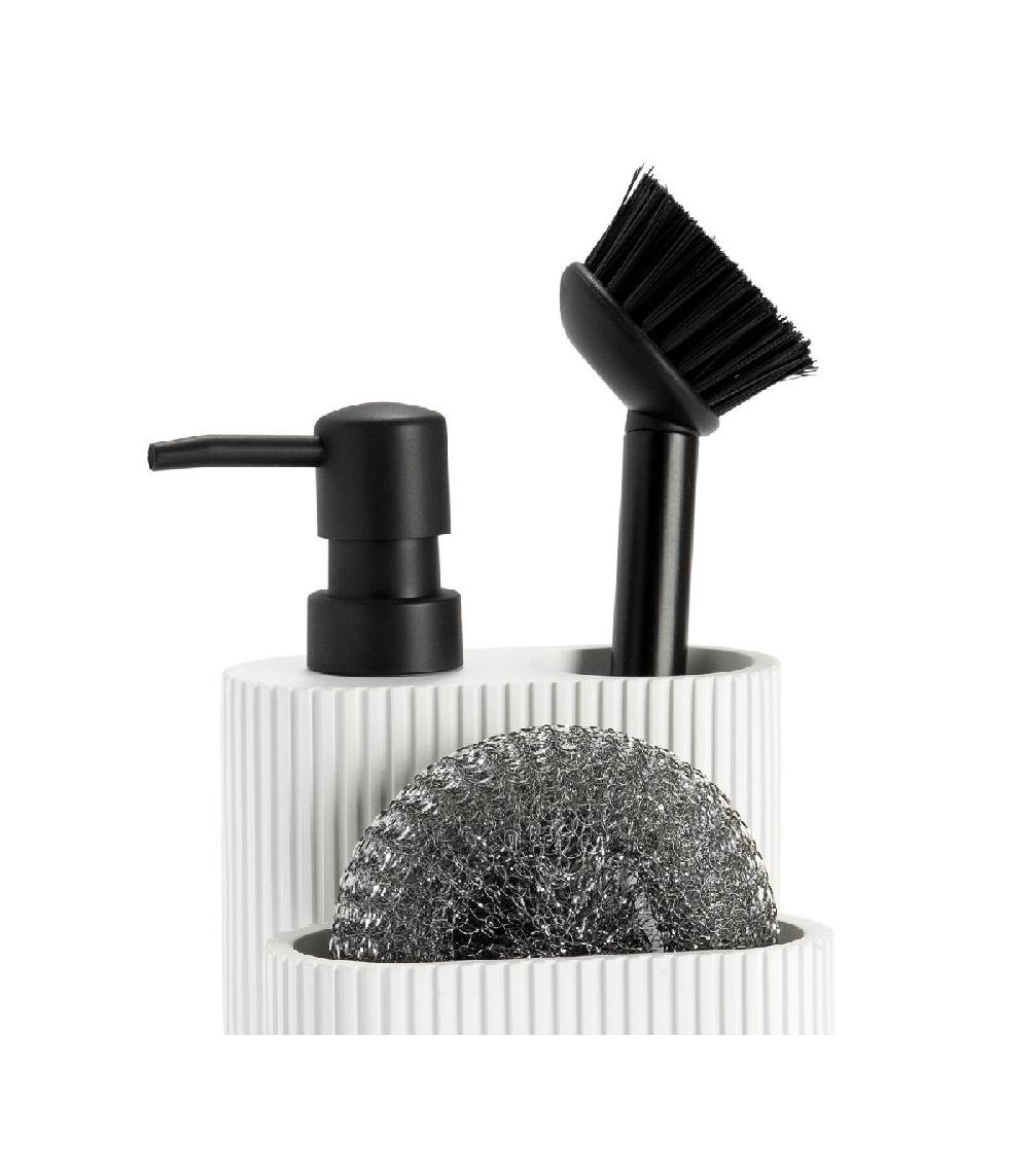 Wadiga Distributeur Liquide Vaisselle + Porte éponges Polyrésine Blanc Et Noir - 11.5x11x19cm