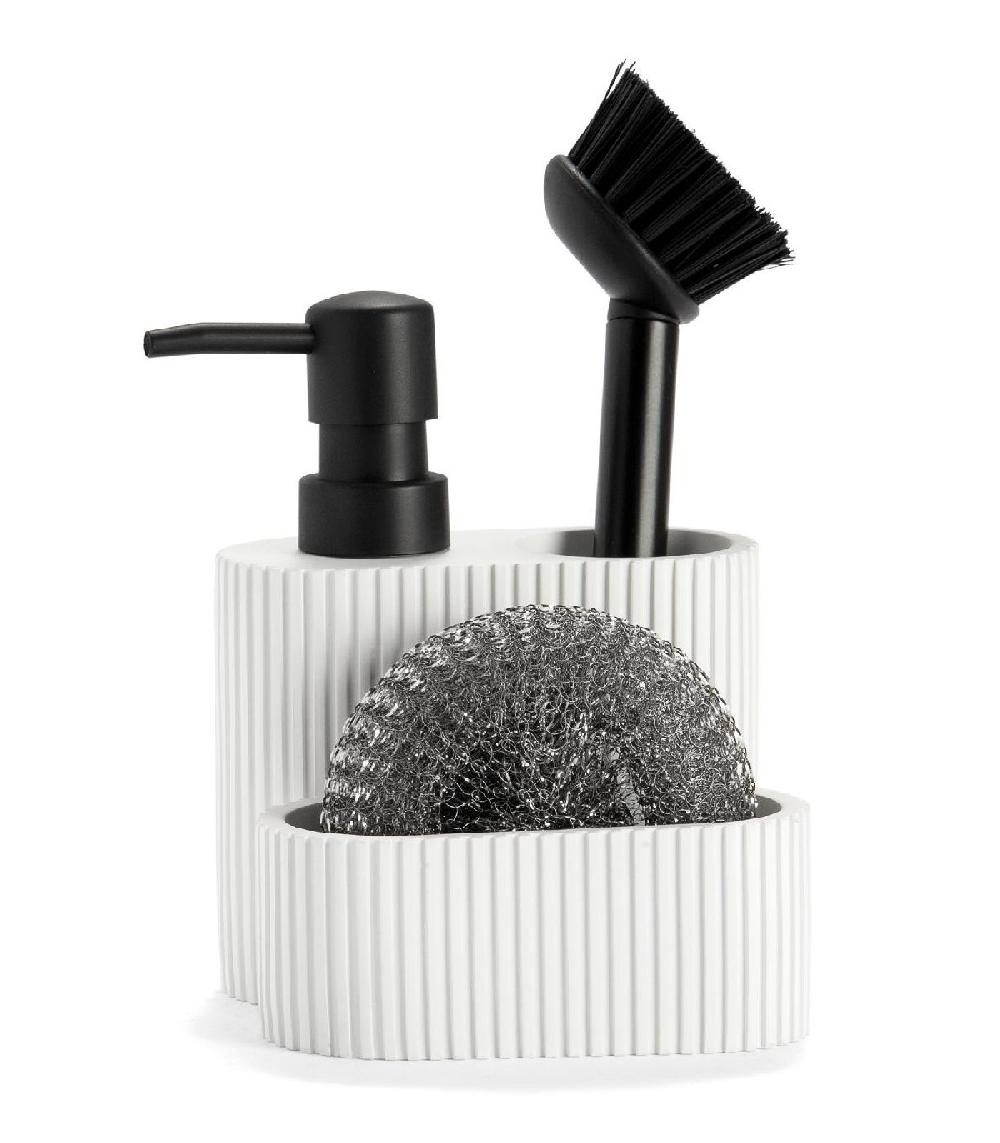wadiga Distributeur liquide vaisselle + porte éponges polyrésine blanc et noir - 11.5x11x19cm